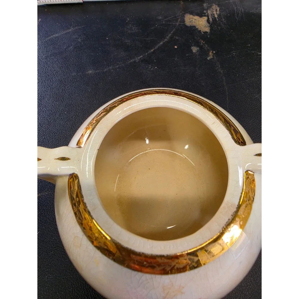 Vintage Floral Ceramic Sugar Bowl with Lid 22K Gold Trim Crazed Glaze Cream